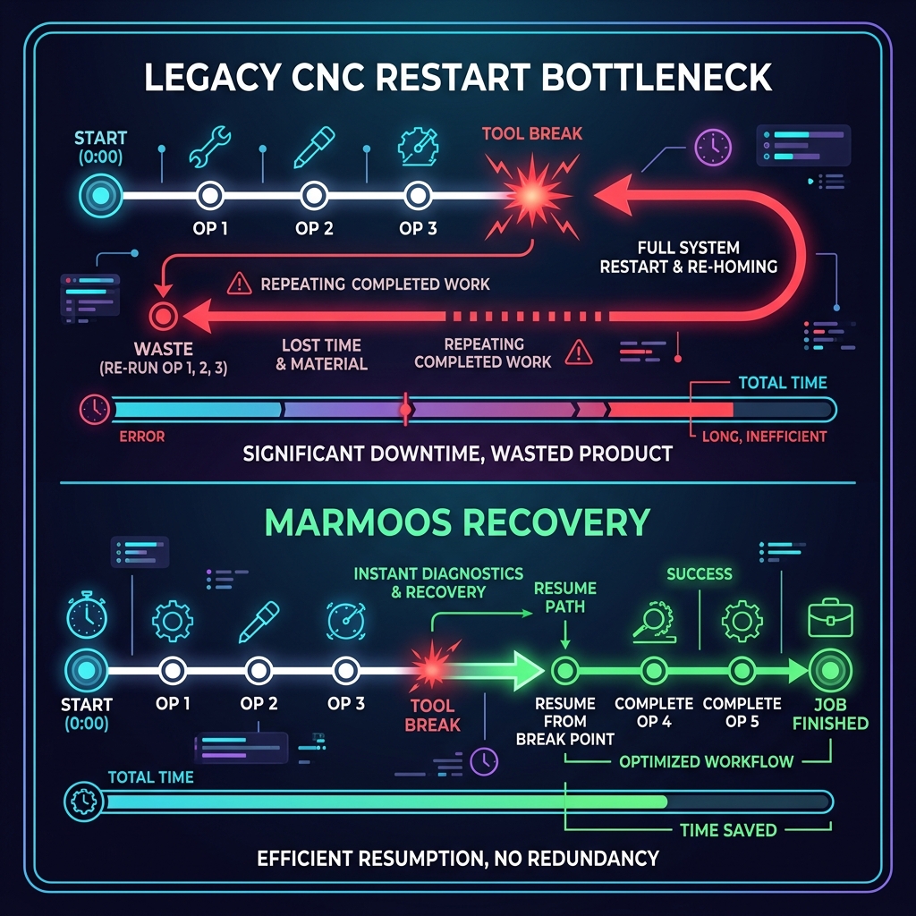 Sleek Infographic comparing Legacy CNC restart bottleneck vs MarmoOS recovery