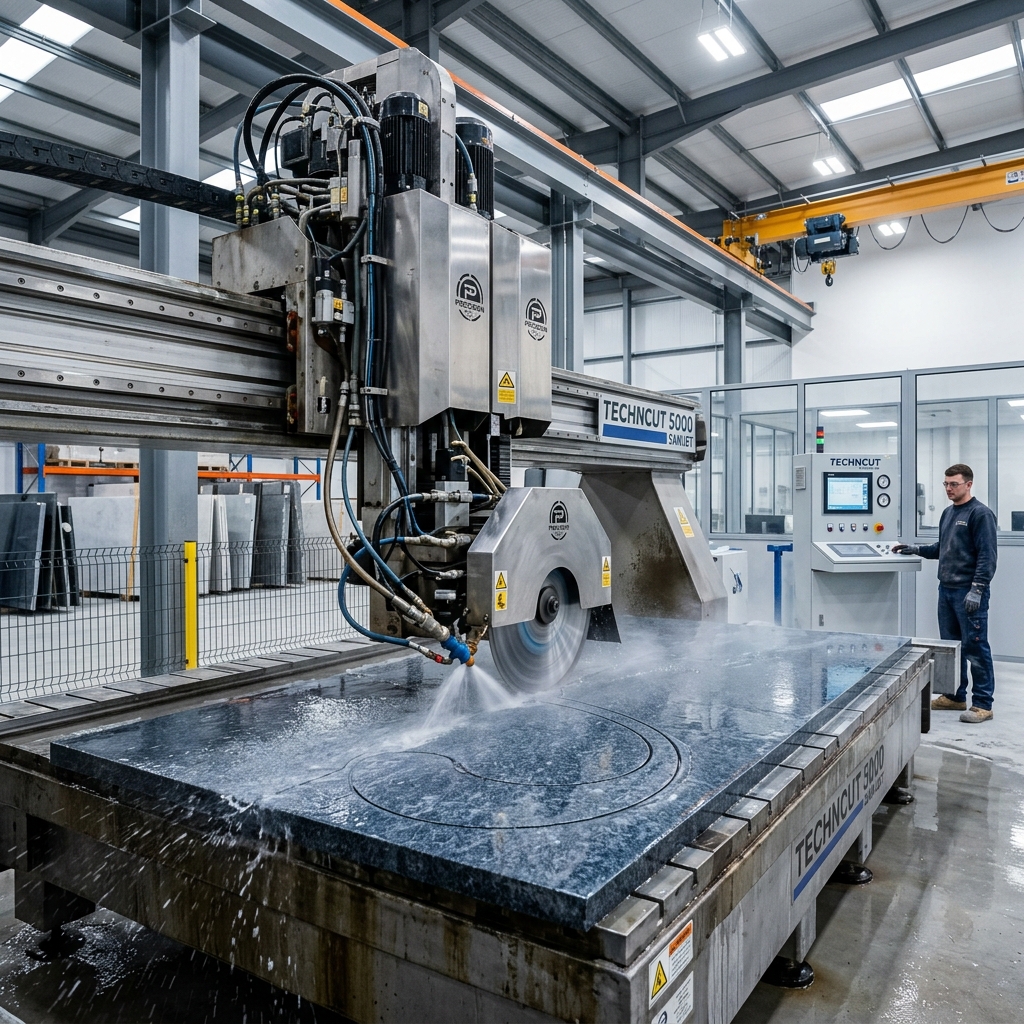 Heavy-duty industrial stoneworking CNC sawjet machine cut visual